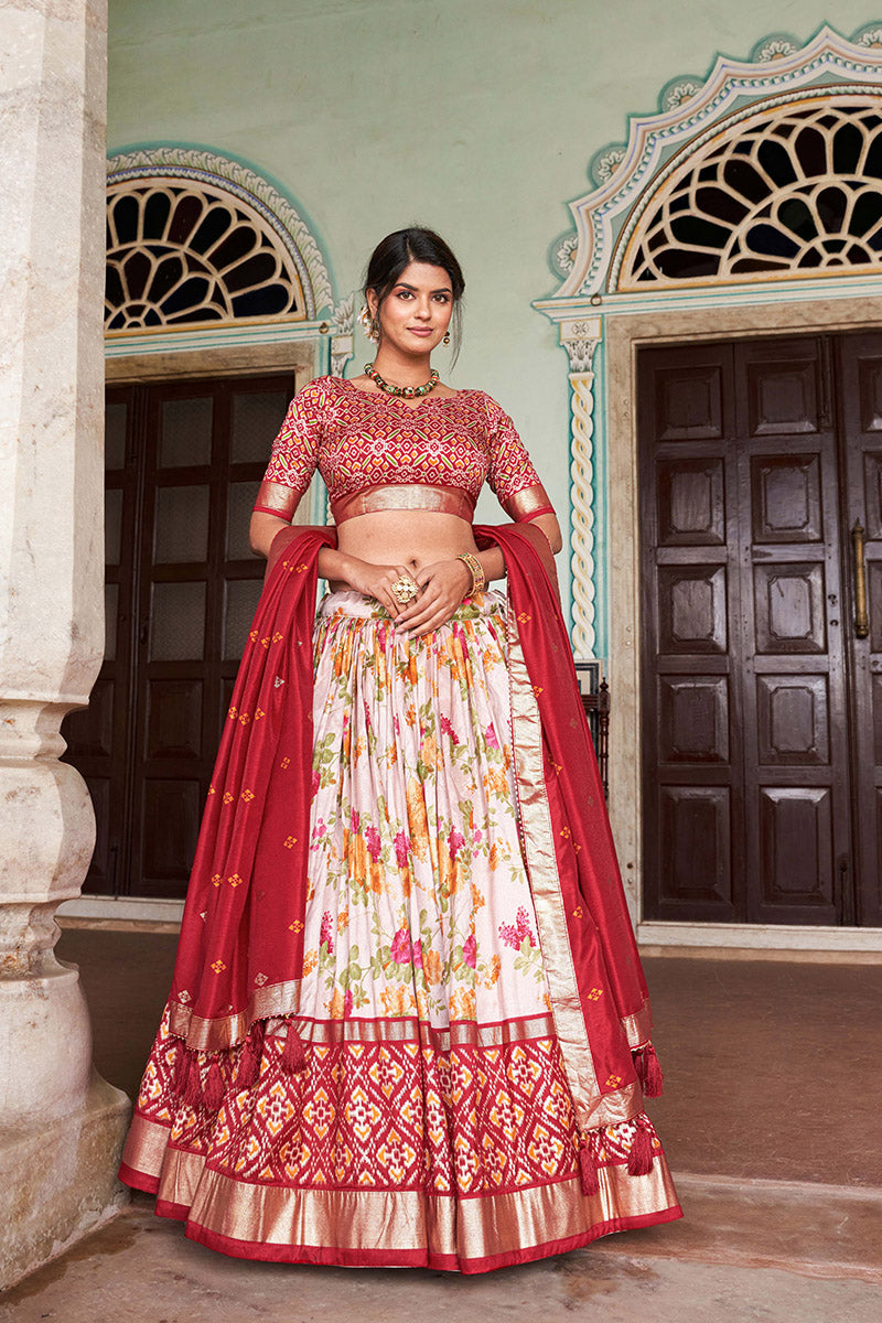 Red & White Tussar Silk Lehenga Set With Perfect Floral And Patola Print With Dupatta