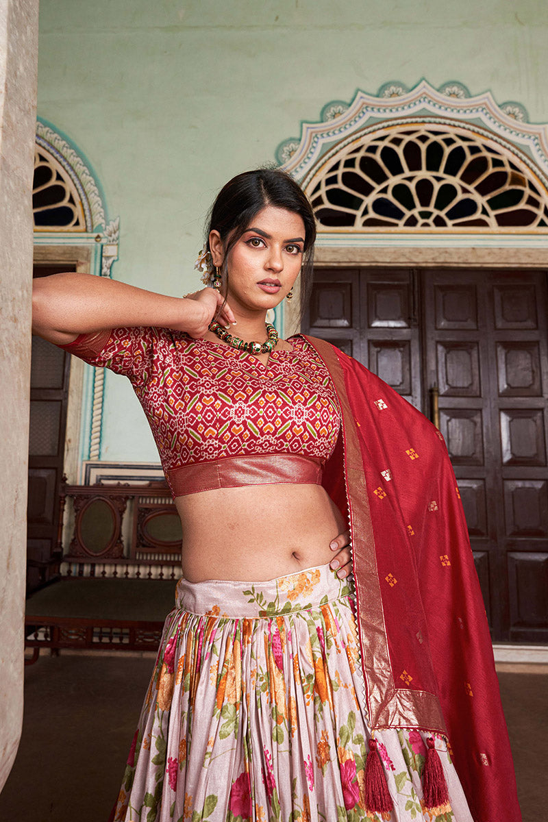 Red & White Tussar Silk Lehenga Set With Perfect Floral And Patola Print With Dupatta