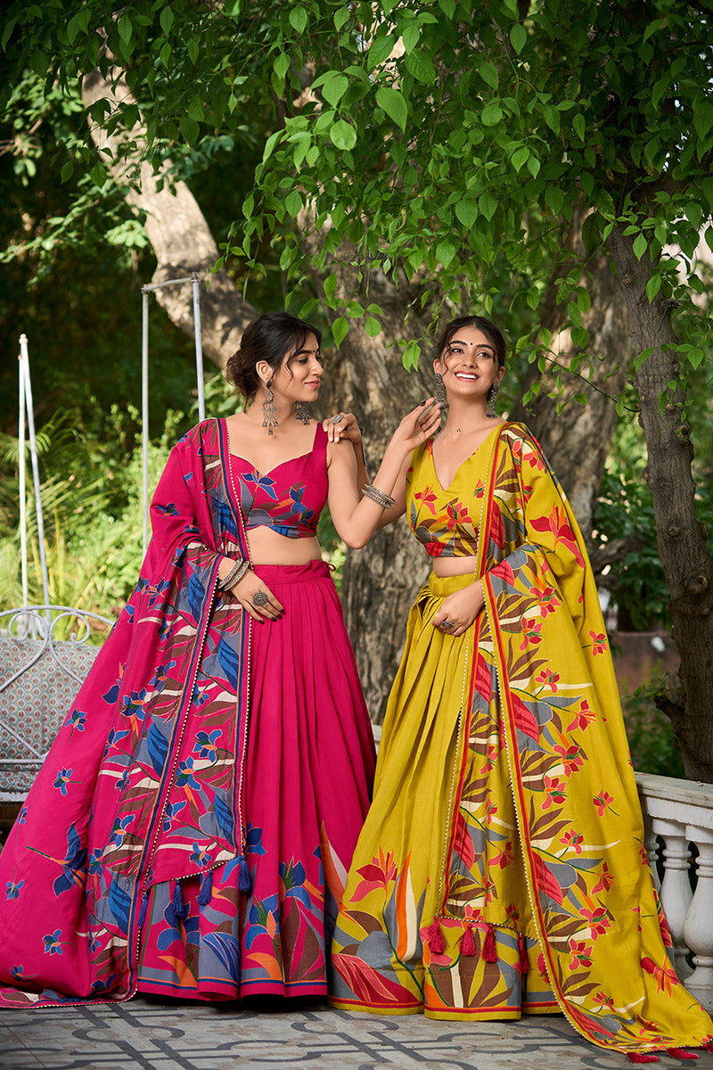 Mustard Yellow Tusser Silk Floral Print Lehenga Choli with Dupatta