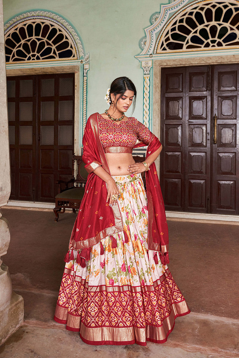 Red & White Tussar Silk Lehenga Set With Perfect Floral And Patola Print With Dupatta