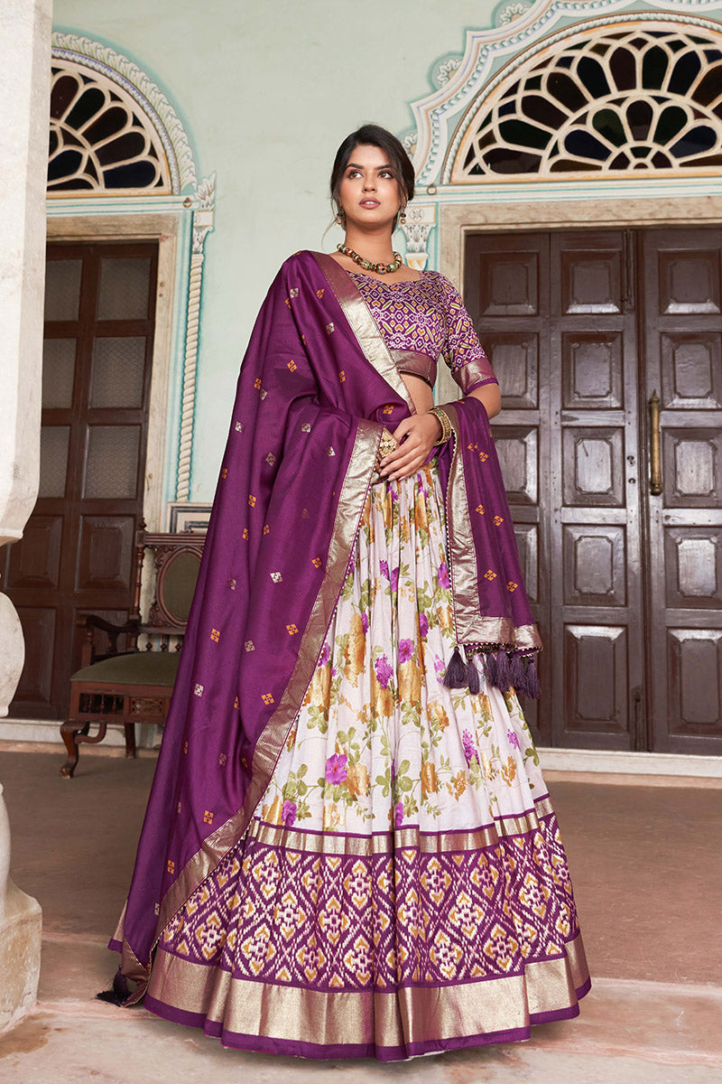 Wine & White Tussar Silk Lehenga Set With Perfect Floral And Patola Print With Dupatta