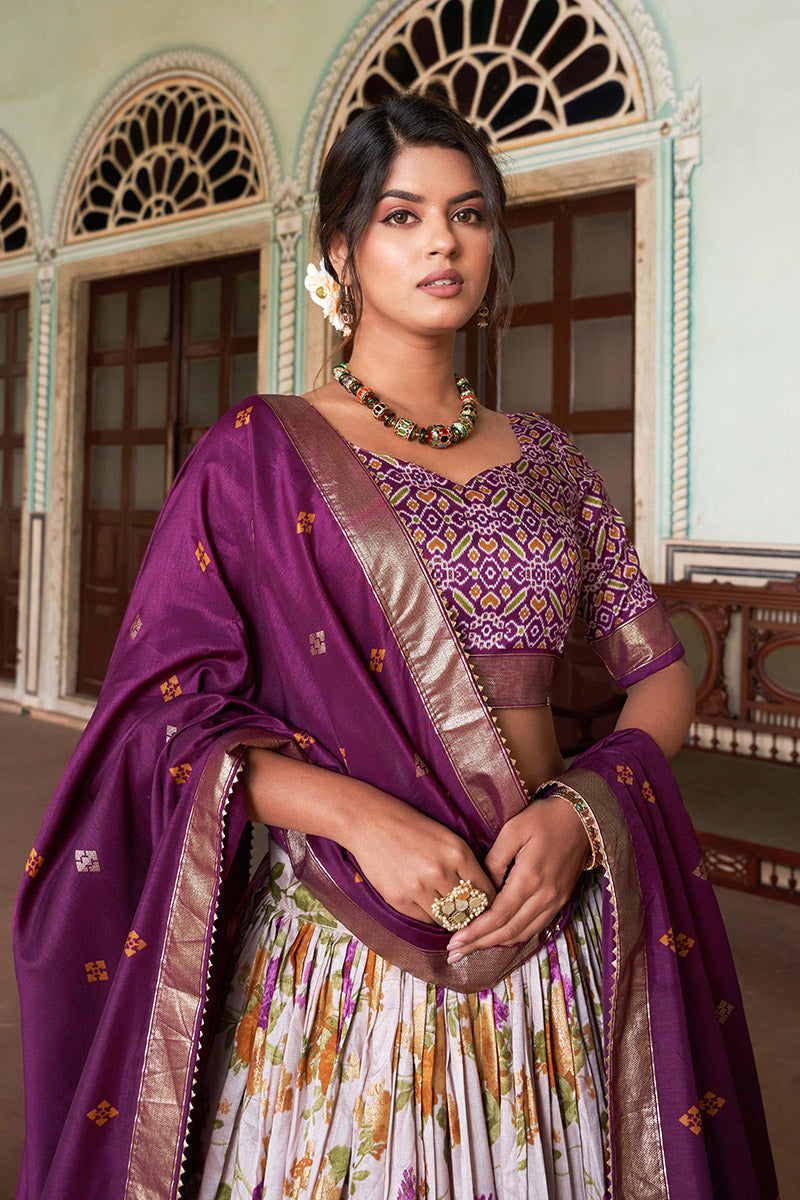 Wine & White Tussar Silk Lehenga Set With Perfect Floral And Patola Print With Dupatta