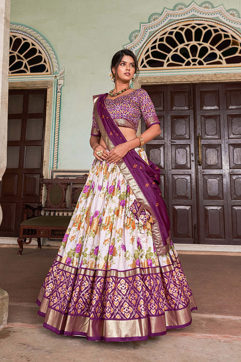 Wine & White Tussar Silk Lehenga Set With Perfect Floral And Patola Print With Dupatta