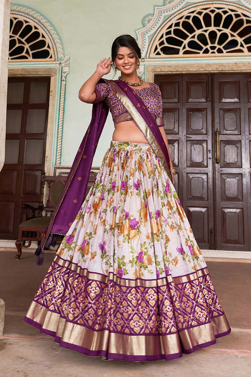 Wine & White Tussar Silk Lehenga Set With Perfect Floral And Patola Print With Dupatta