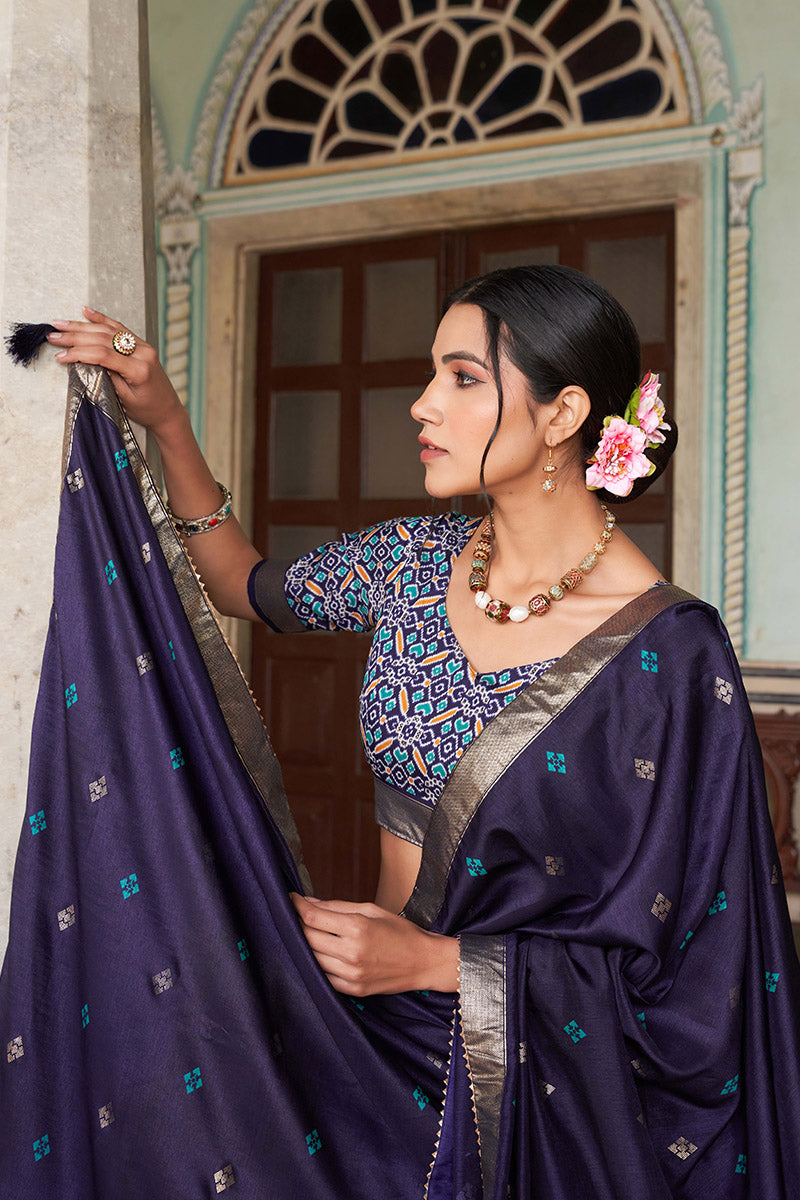 Navy Blue & White Tussar Silk Lehenga Set With Perfect Floral And Patola Print With Dupatta