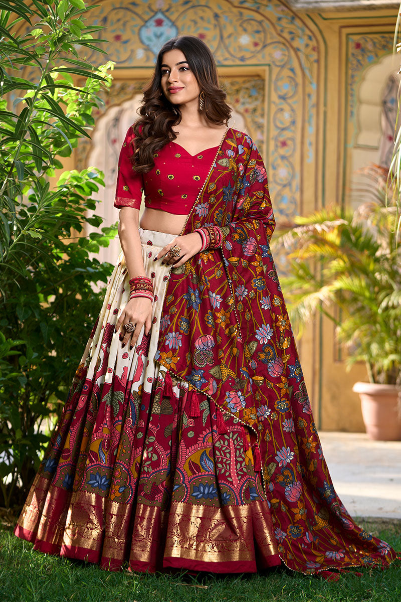 Red & Cream Printed Lehenga Choli with Dupatta & Golden Zari Border