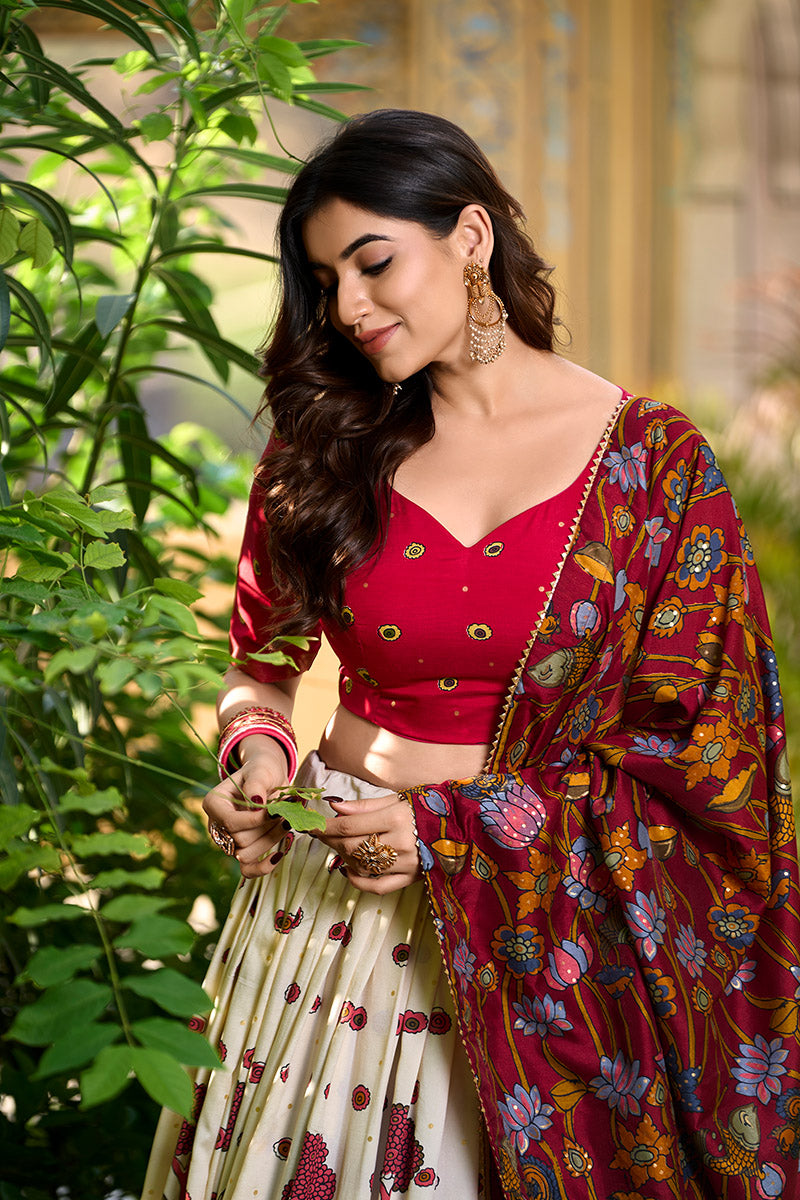 Red & Cream Printed Lehenga Choli with Dupatta & Golden Zari Border