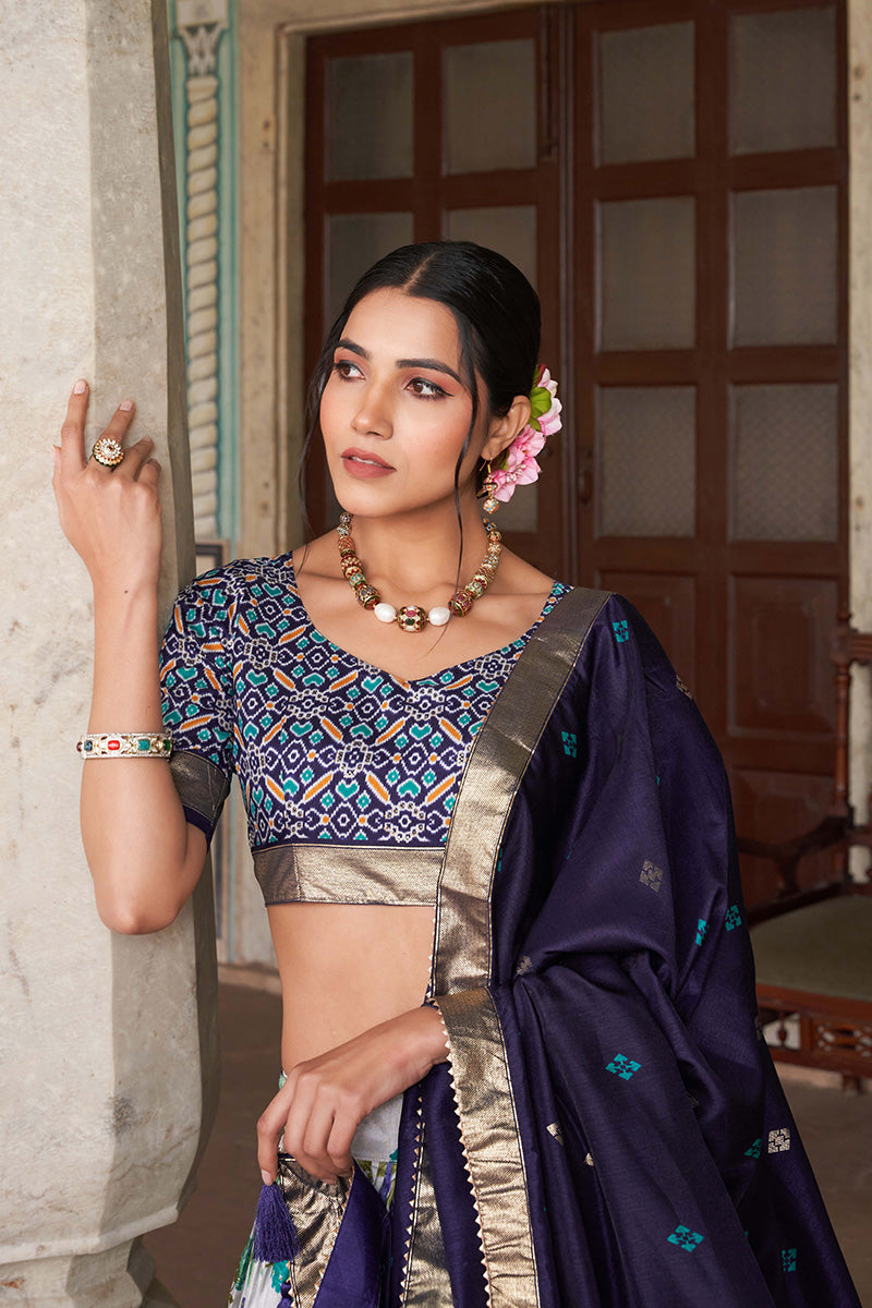 Navy Blue & White Tussar Silk Lehenga Set With Perfect Floral And Patola Print With Dupatta