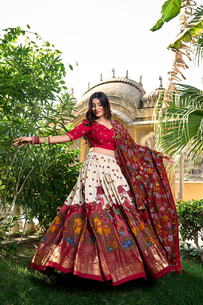 Red & Cream Printed Lehenga Choli with Dupatta & Golden Zari Border