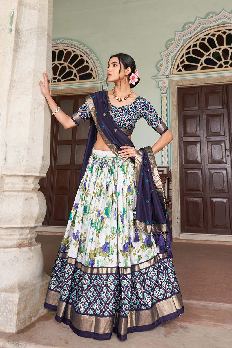 Navy Blue & White Tussar Silk Lehenga Set With Perfect Floral And Patola Print With Dupatta