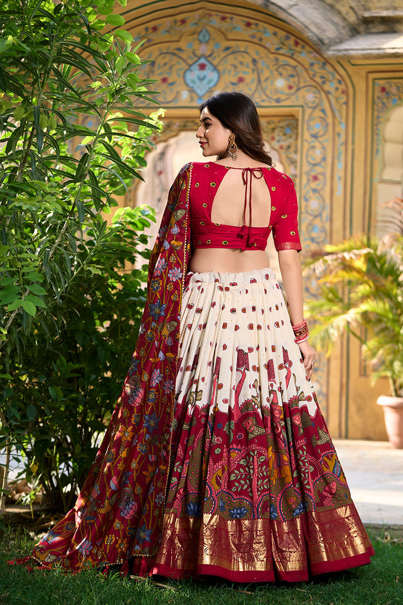 Red & Cream Printed Lehenga Choli with Dupatta & Golden Zari Border