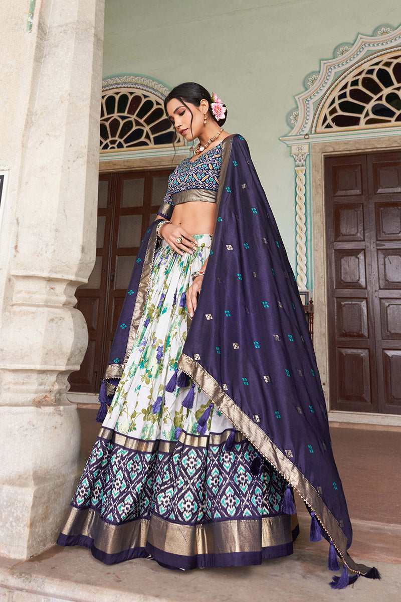Navy Blue & White Tussar Silk Lehenga Set With Perfect Floral And Patola Print With Dupatta