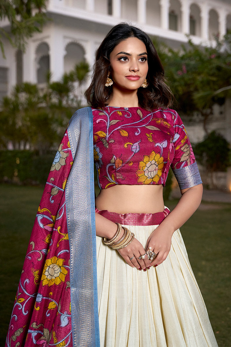 White & Magenta Tussar Silk Lehenga Choli With Dupatta