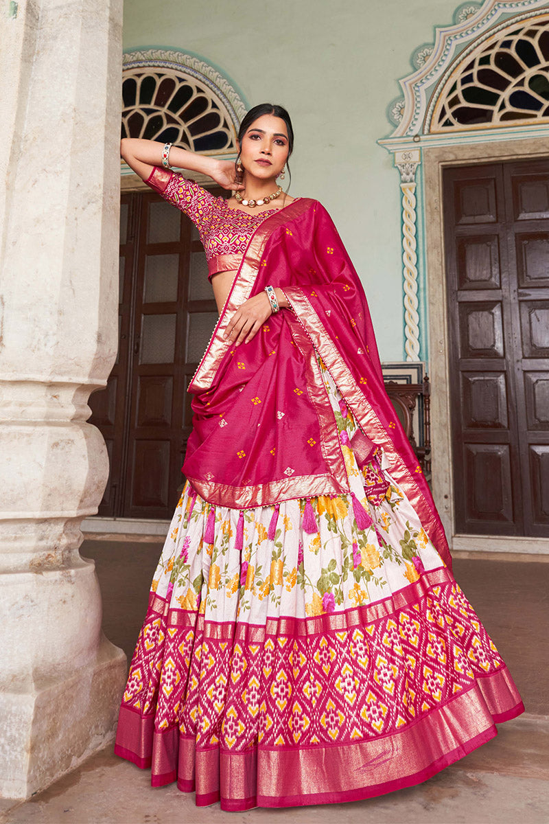 Magenta Pink & White Tussar Silk Lehenga Set With Perfect Floral And Patola Print With Dupatta