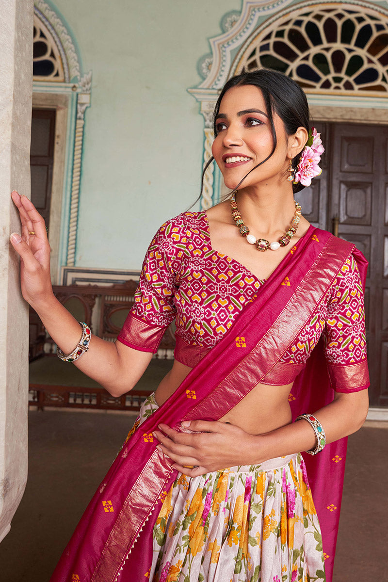 Magenta Pink & White Tussar Silk Lehenga Set With Perfect Floral And Patola Print With Dupatta