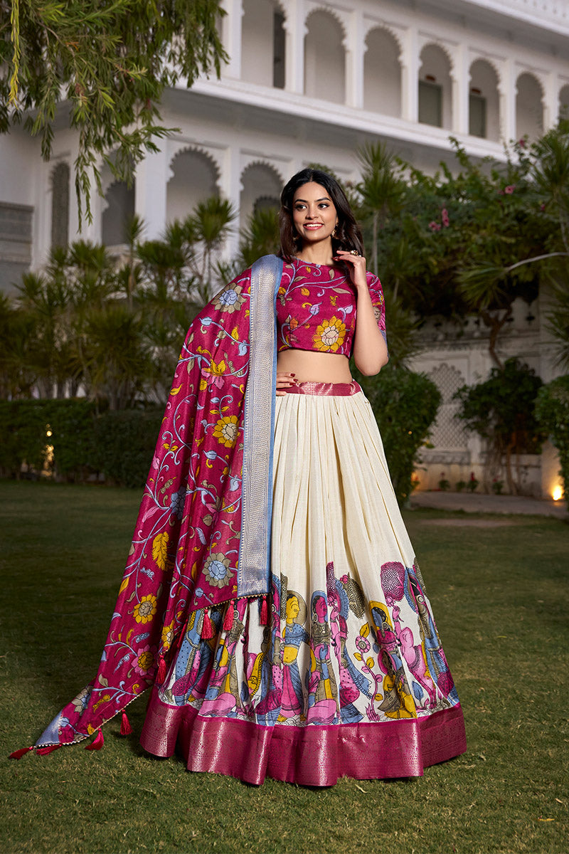 White & Magenta Tussar Silk Lehenga Choli With Dupatta