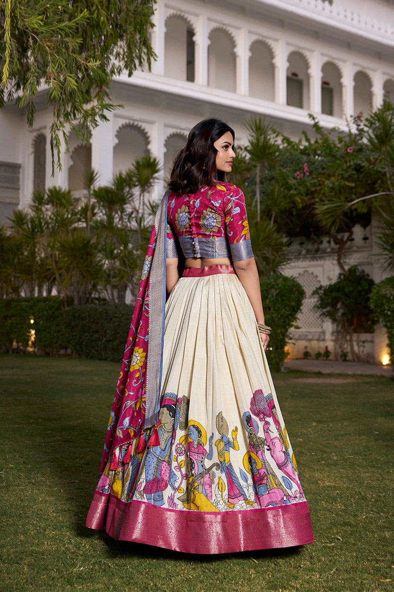 White & Magenta Tussar Silk Lehenga Choli With Dupatta