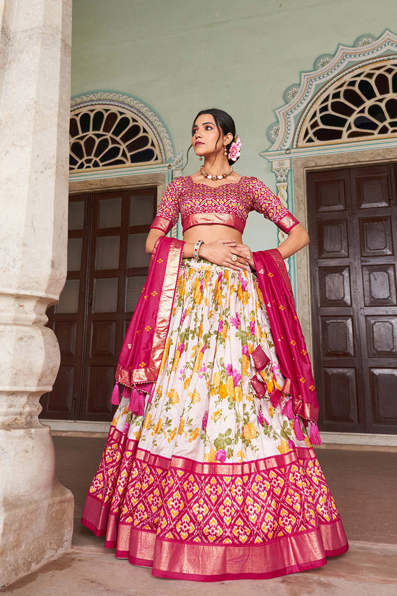 Magenta Pink & White Tussar Silk Lehenga Set With Perfect Floral And Patola Print With Dupatta