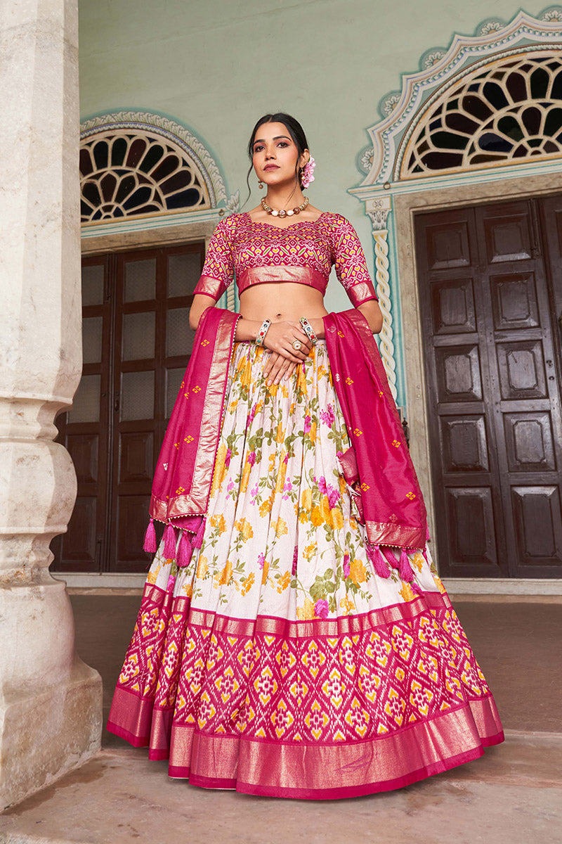 Magenta Pink & White Tussar Silk Lehenga Set With Perfect Floral And Patola Print With Dupatta