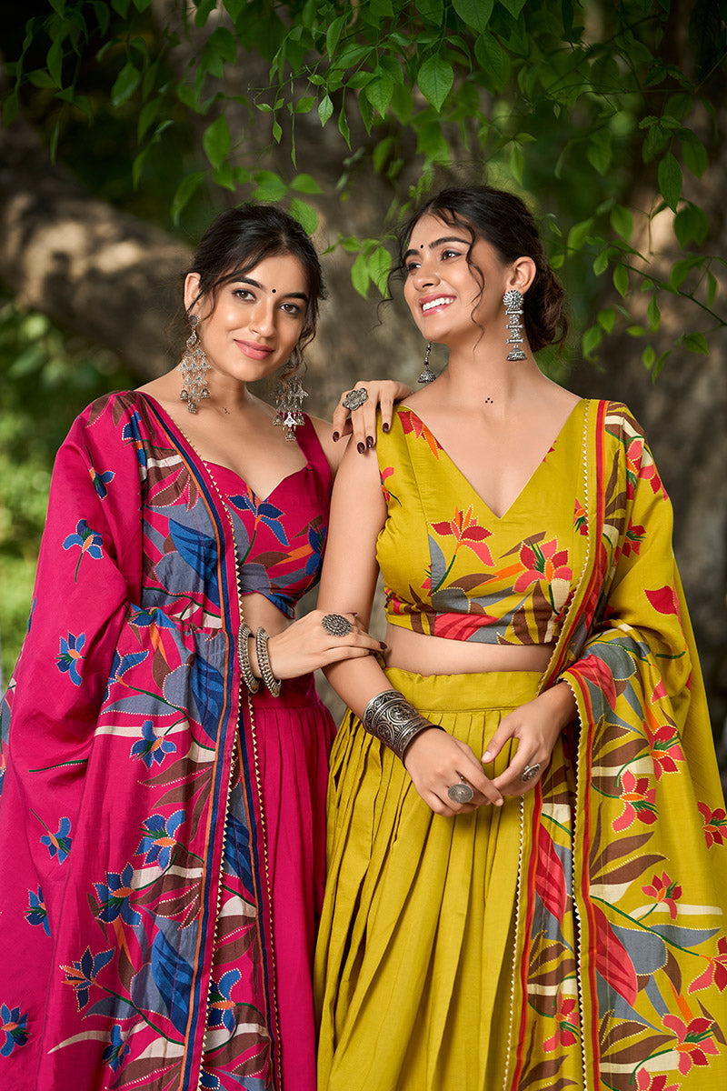 Mustard Yellow Tusser Silk Floral Print Lehenga Choli with Dupatta