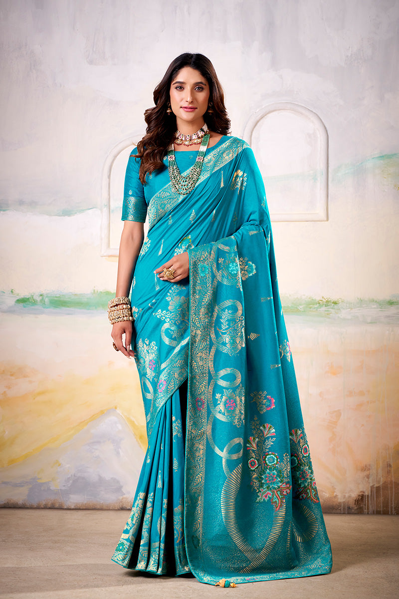 Lagniappe Aqua Blue Satin Tissue Silk Zari Weaving Saree With Blouse Piece