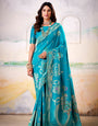 Lagniappe Aqua Blue Satin Tissue Silk Zari Weaving Saree With Blouse Piece