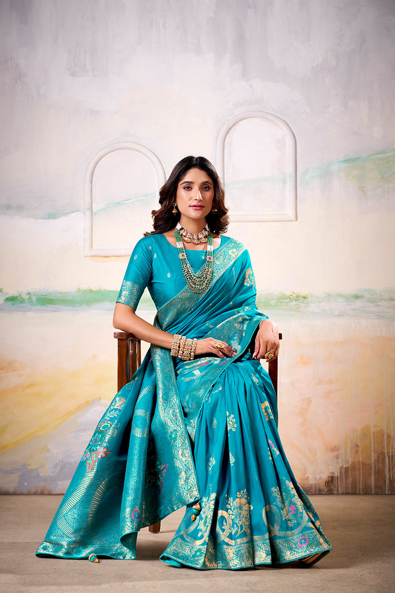 Lagniappe Aqua Blue Satin Tissue Silk Zari Weaving Saree With Blouse Piece
