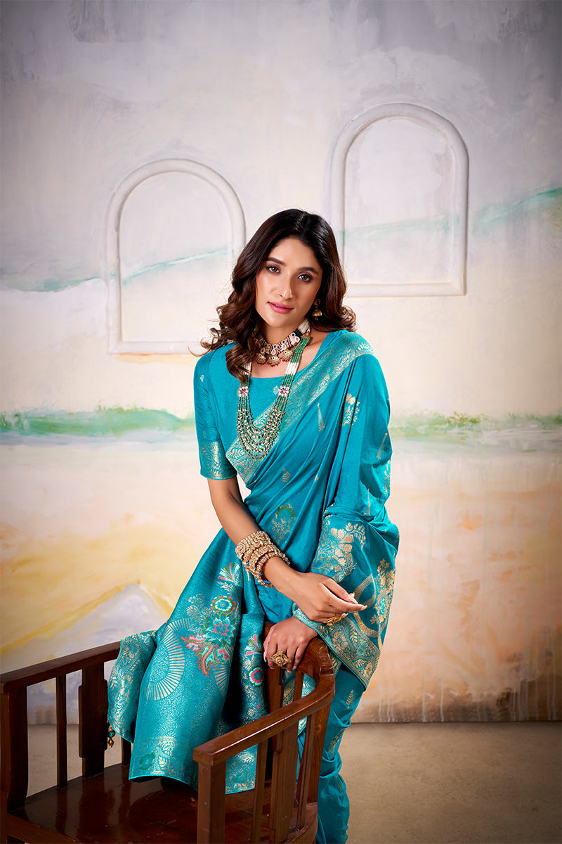 Lagniappe Aqua Blue Satin Tissue Silk Zari Weaving Saree With Blouse Piece