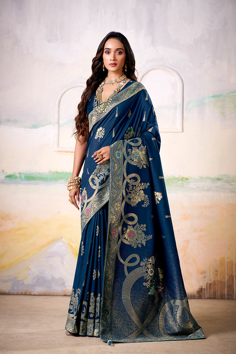 Magnetic Blue Satin Tissue Silk Zari Weaving Saree With Blouse Piece