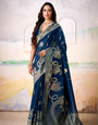 Magnetic Blue Satin Tissue Silk Zari Weaving Saree With Blouse Piece