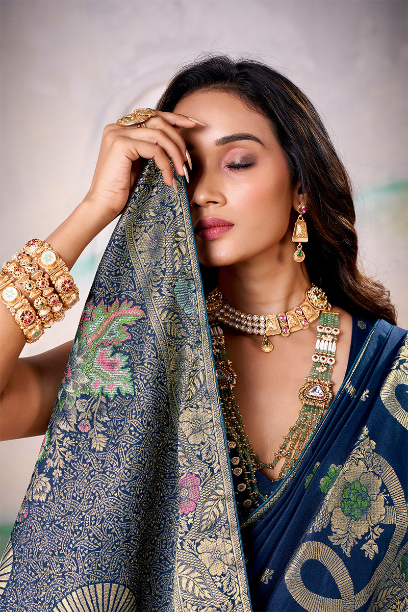 Magnetic Blue Satin Tissue Silk Zari Weaving Saree With Blouse Piece