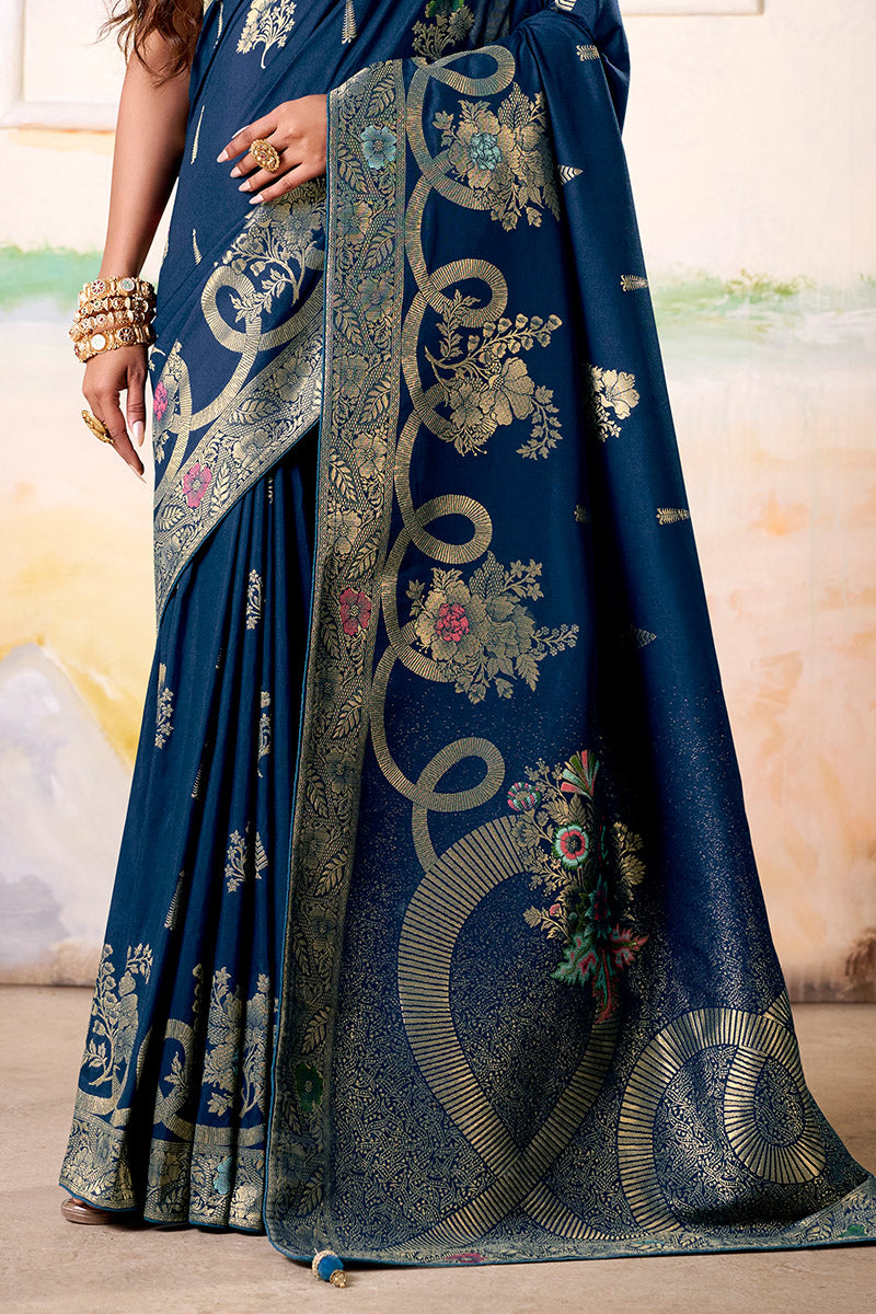 Magnetic Blue Satin Tissue Silk Zari Weaving Saree With Blouse Piece