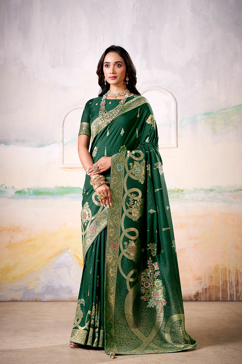 Hypnotic Green Satin Tissue Silk Zari Weaving Saree With Blouse Piece