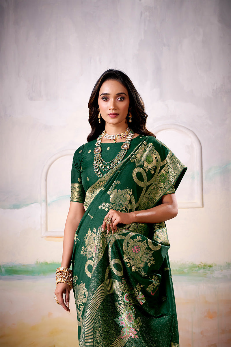 Hypnotic Green Satin Tissue Silk Zari Weaving Saree With Blouse Piece
