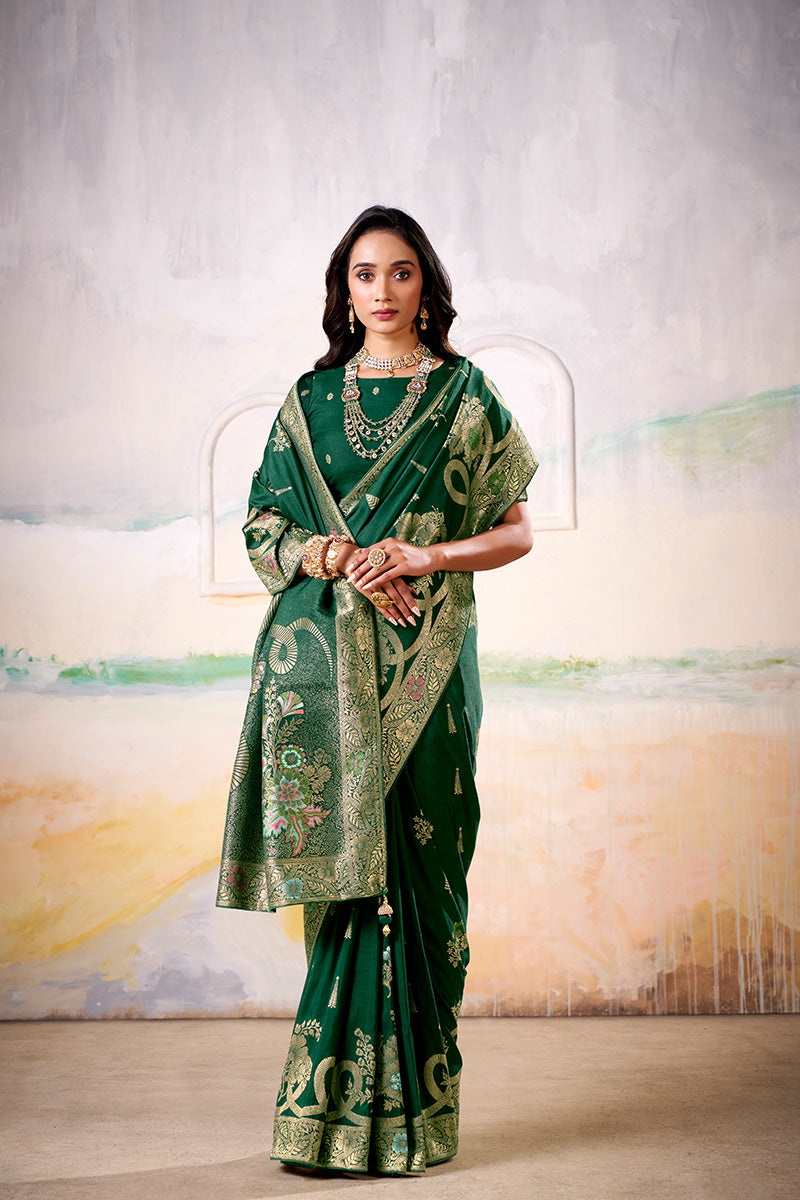 Hypnotic Green Satin Tissue Silk Zari Weaving Saree With Blouse Piece