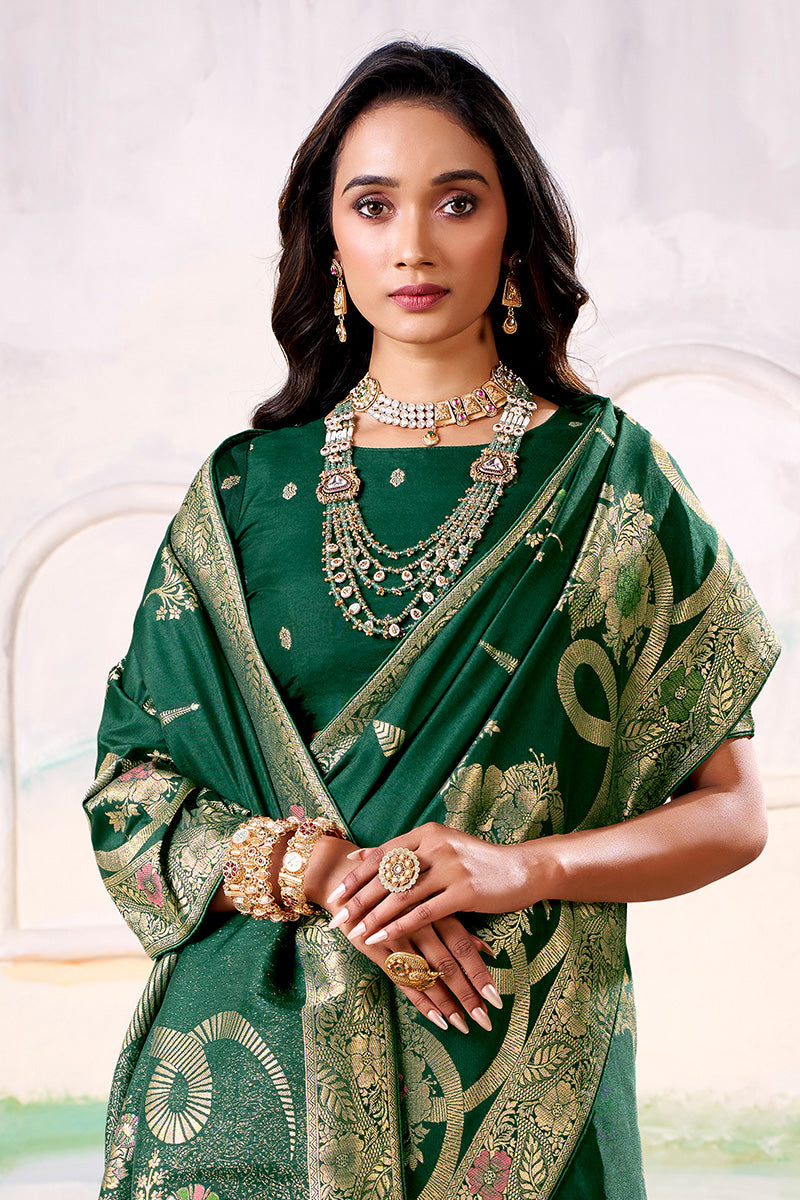 Hypnotic Green Satin Tissue Silk Zari Weaving Saree With Blouse Piece