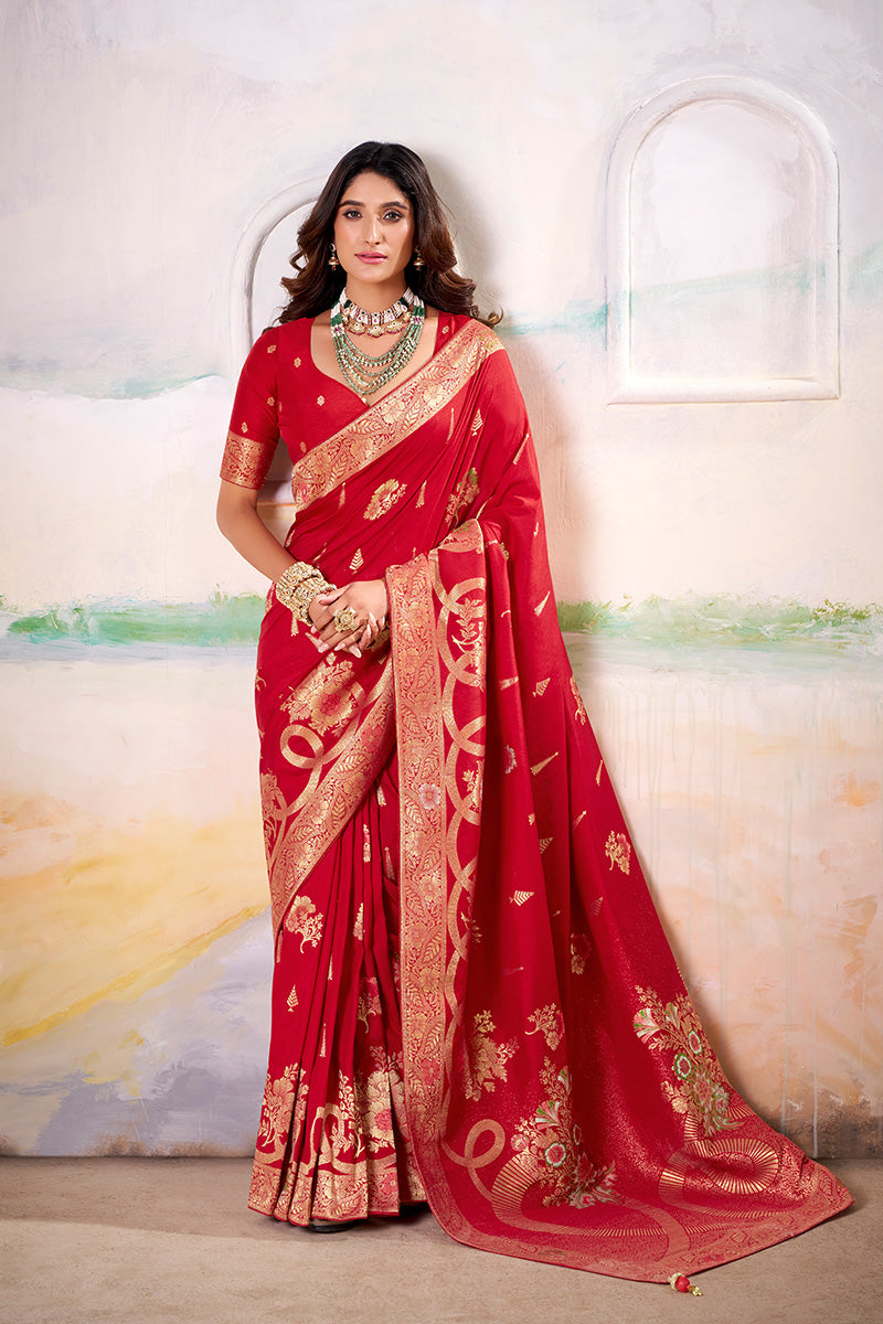 Girlish Red Satin Tissue Silk Zari Weaving Saree With Blouse Piece