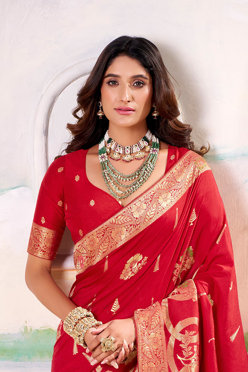 Girlish Red Satin Tissue Silk Zari Weaving Saree With Blouse Piece