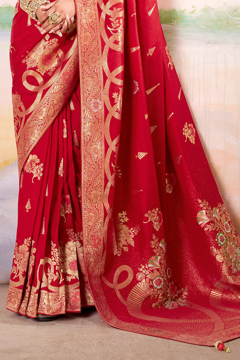 Girlish Red Satin Tissue Silk Zari Weaving Saree With Blouse Piece
