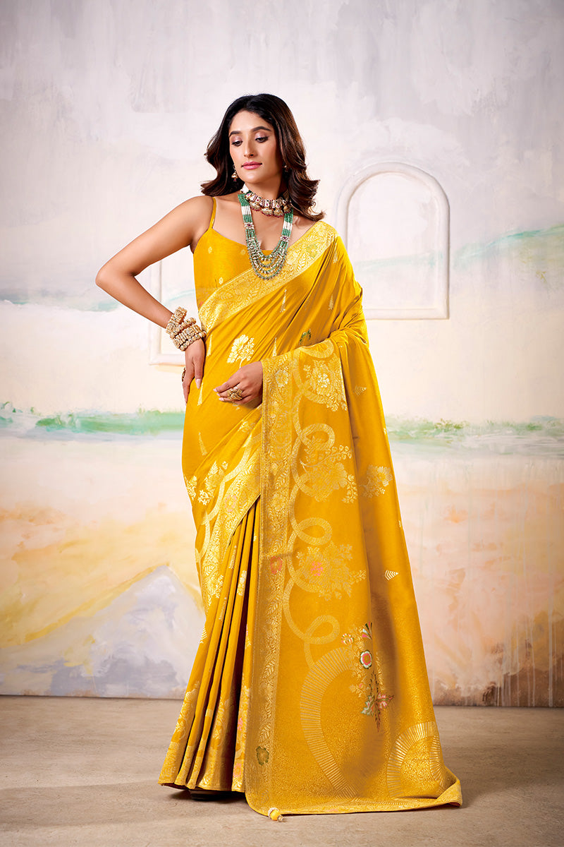Ideal Yellow Satin Tissue Silk Zari Weaving Saree With Blouse Piece
