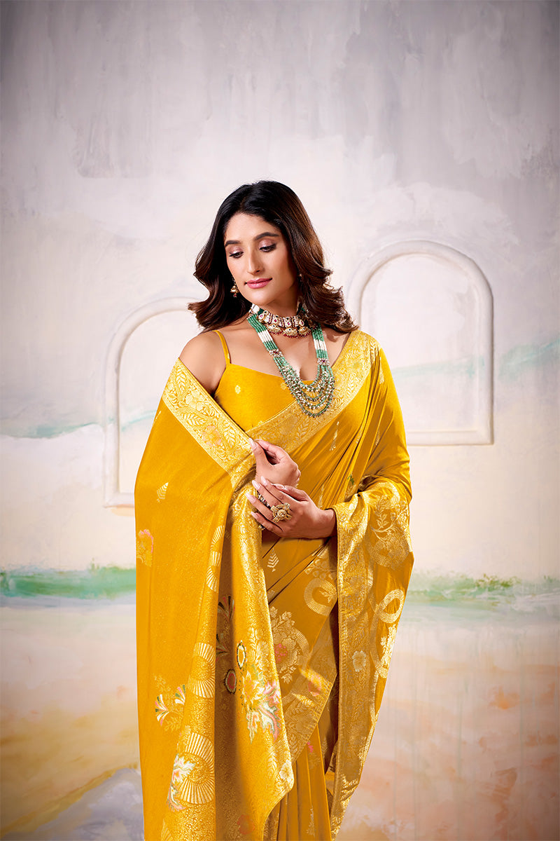 Ideal Yellow Satin Tissue Silk Zari Weaving Saree With Blouse Piece