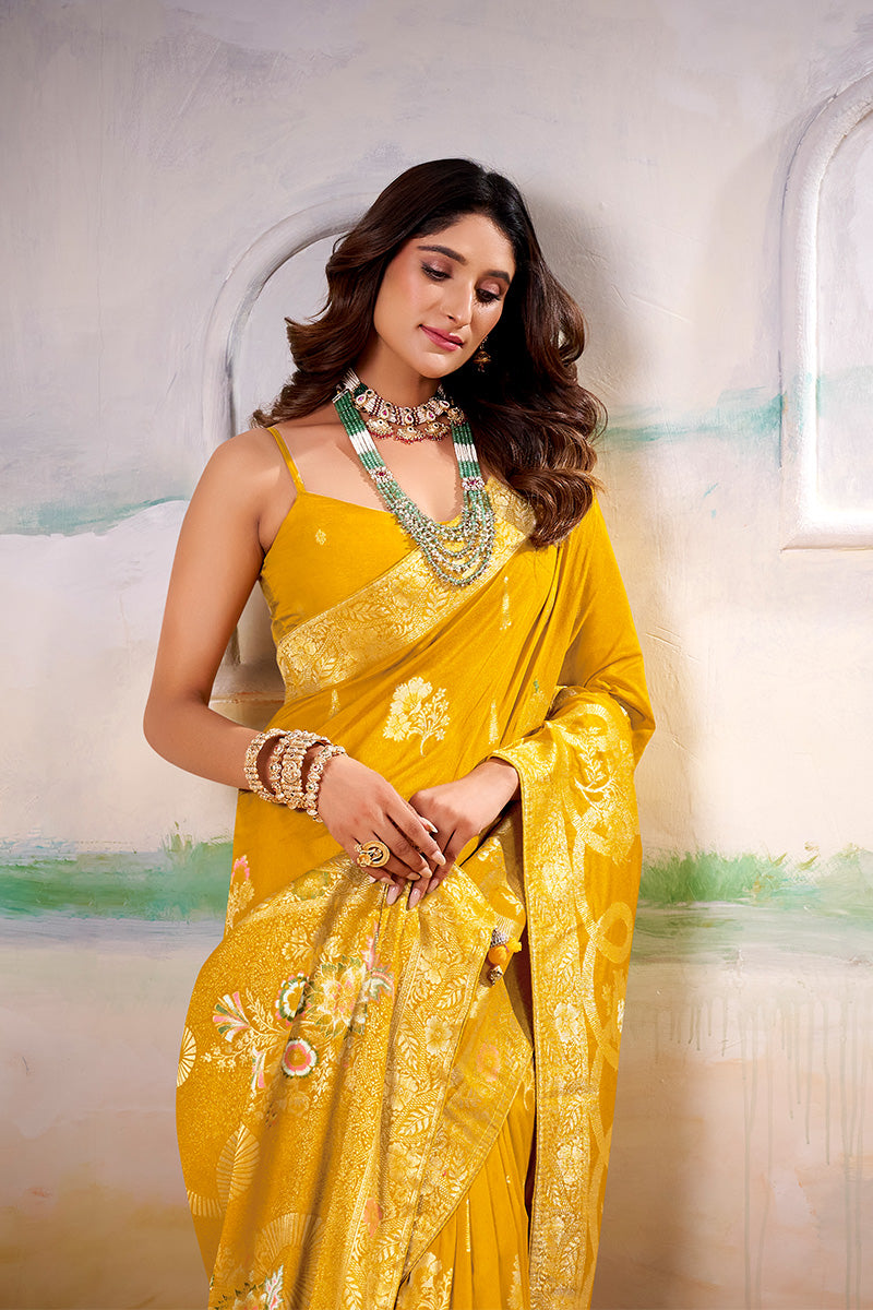 Ideal Yellow Satin Tissue Silk Zari Weaving Saree With Blouse Piece