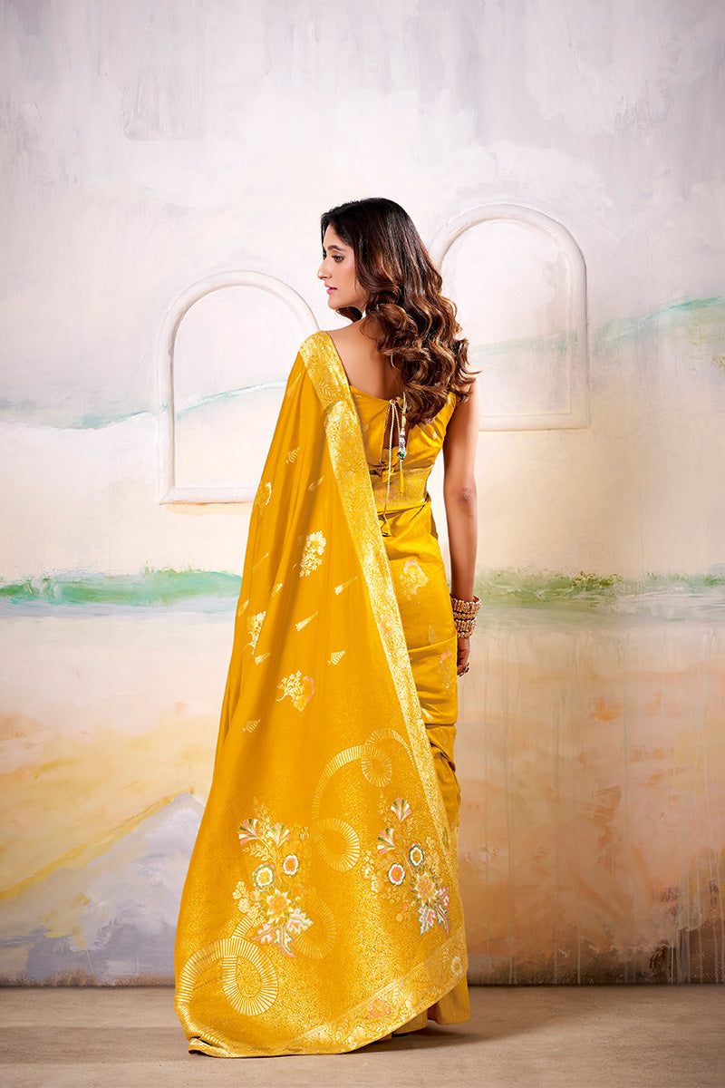 Ideal Yellow Satin Tissue Silk Zari Weaving Saree With Blouse Piece