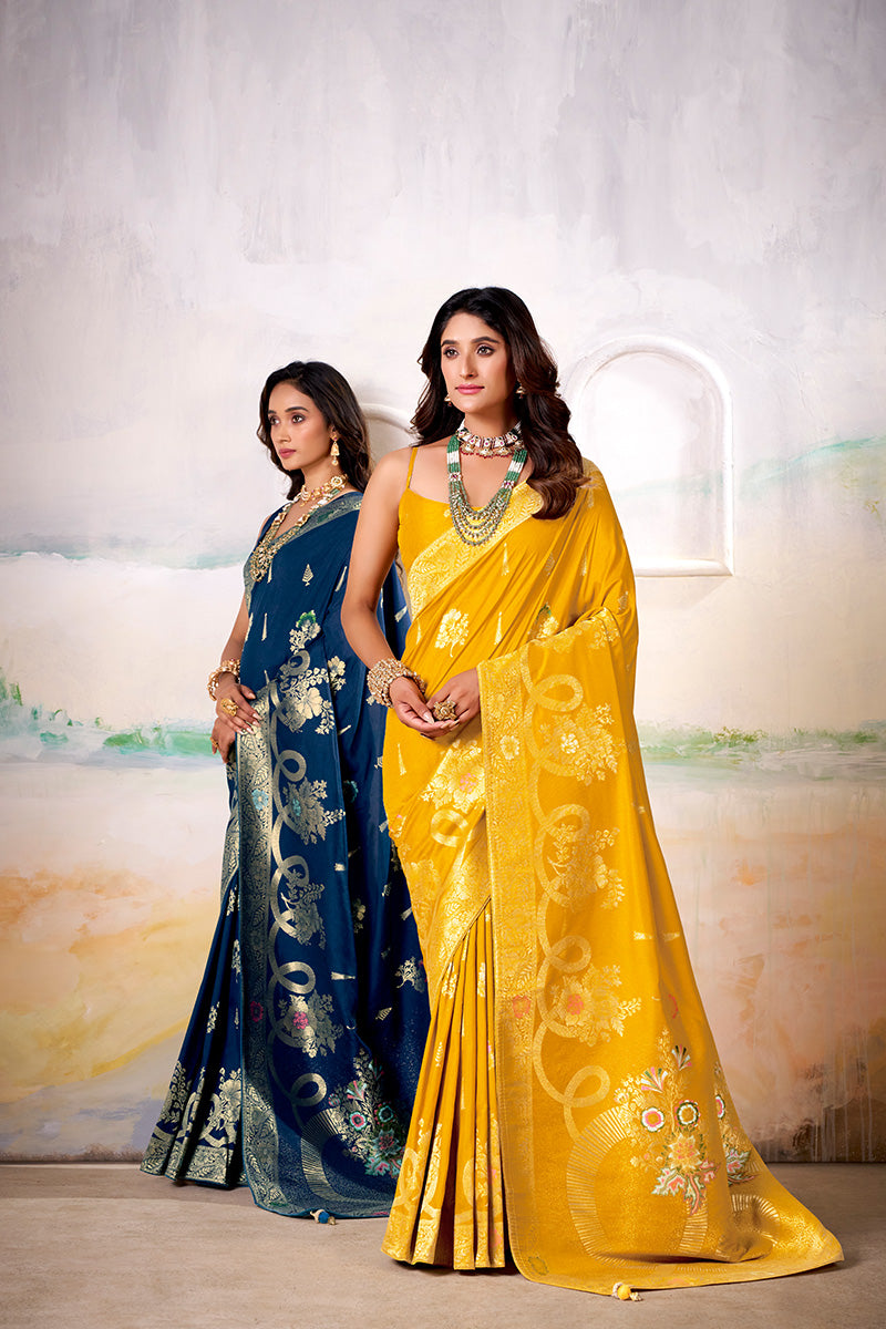 Magnetic Blue Satin Tissue Silk Zari Weaving Saree With Blouse Piece