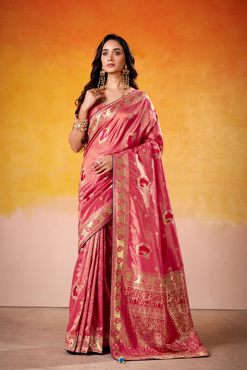 Ethereal Coral Pink Floral Zari Weaving Satin Tissue Silk Saree With Blouse Piece