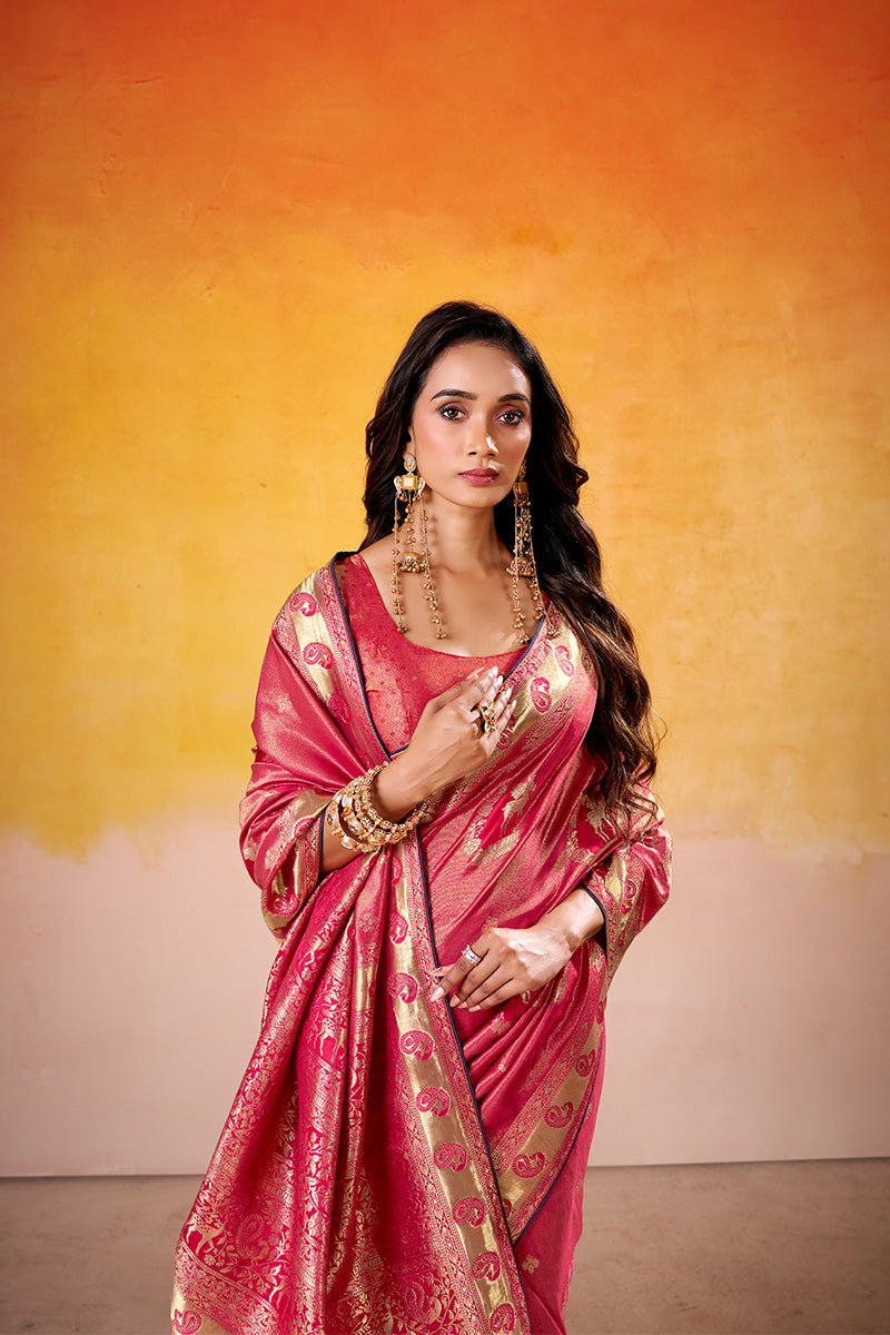 Ethereal Coral Pink Floral Zari Weaving Satin Tissue Silk Saree With Blouse Piece
