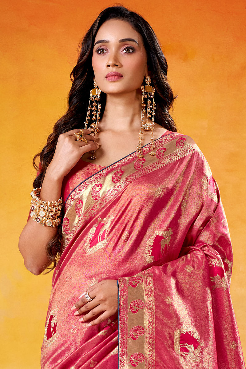 Ethereal Coral Pink Floral Zari Weaving Satin Tissue Silk Saree With Blouse Piece