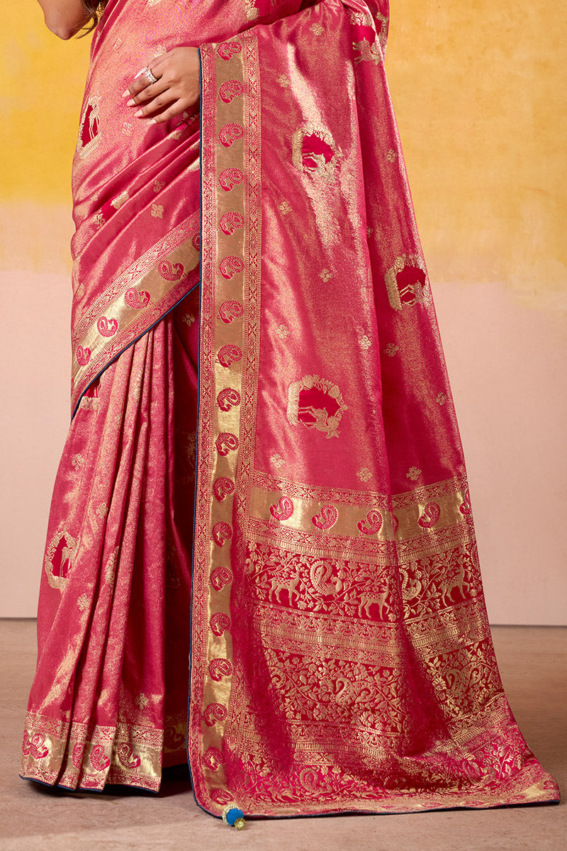 Ethereal Coral Pink Floral Zari Weaving Satin Tissue Silk Saree With Blouse Piece