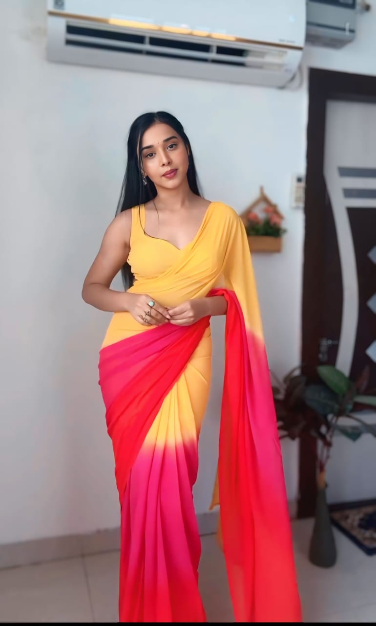Diaphanous 1 Minute Ready To Wear Yellow And Orange Georgette Saree