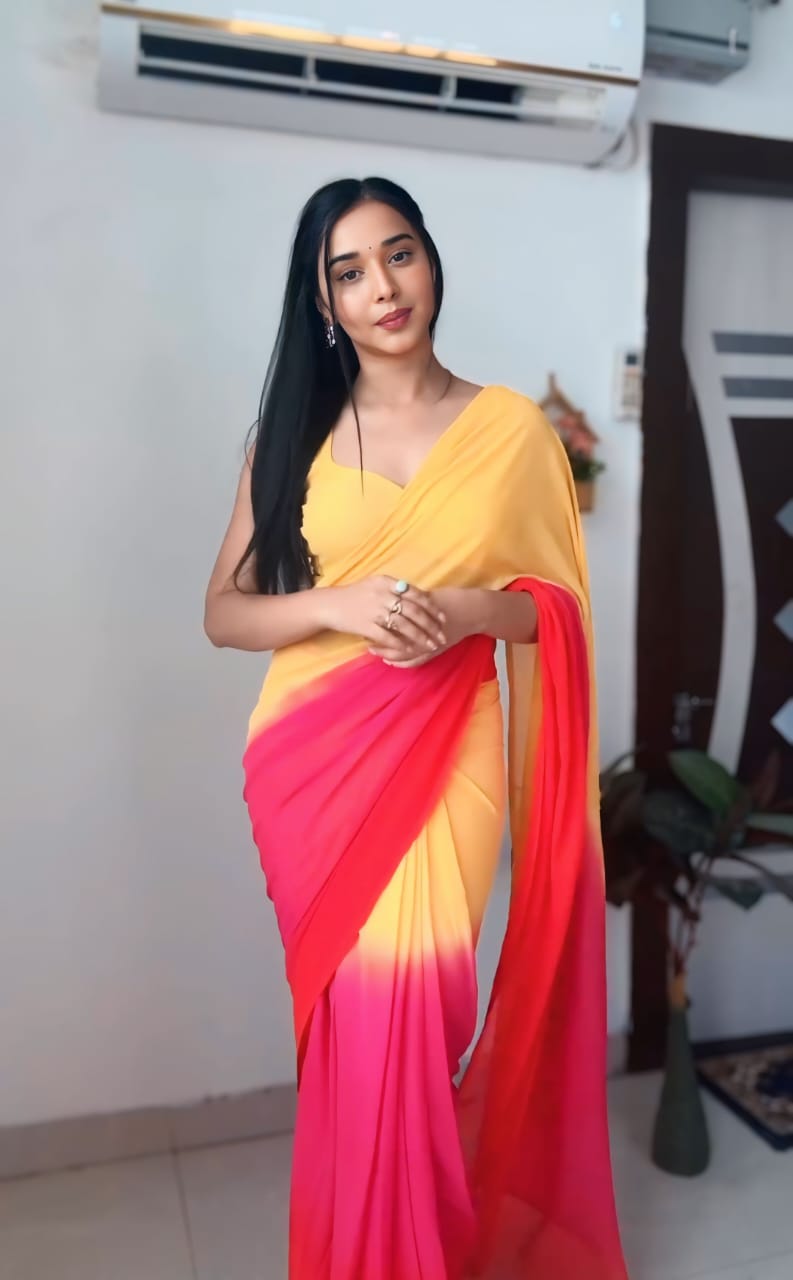Diaphanous 1 Minute Ready To Wear Yellow And Orange Georgette Saree